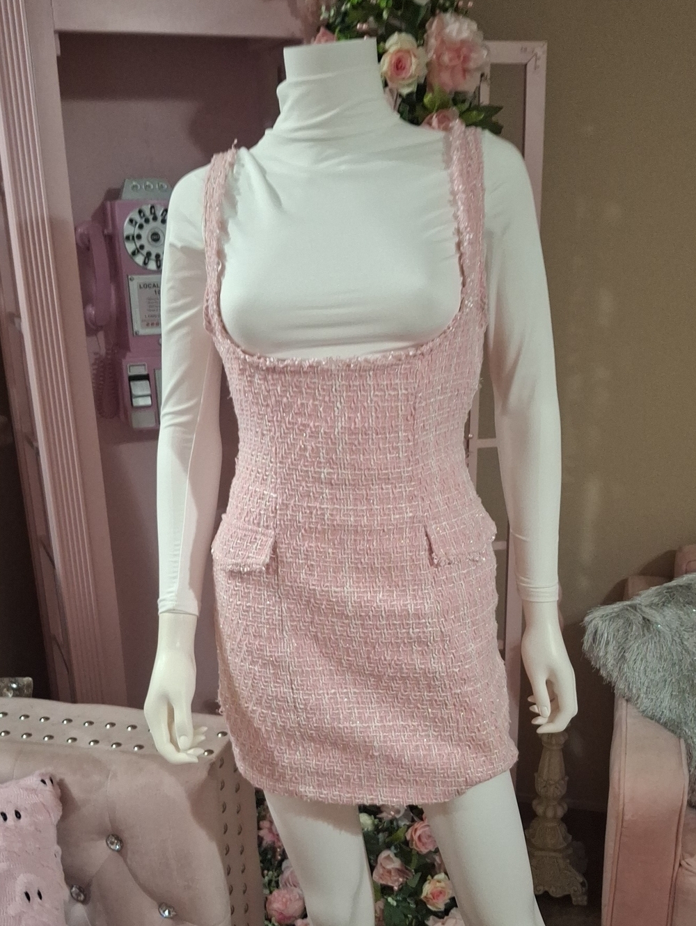 Pink Tweed Sleeveless Mini Dress with Fringe Trim Size S